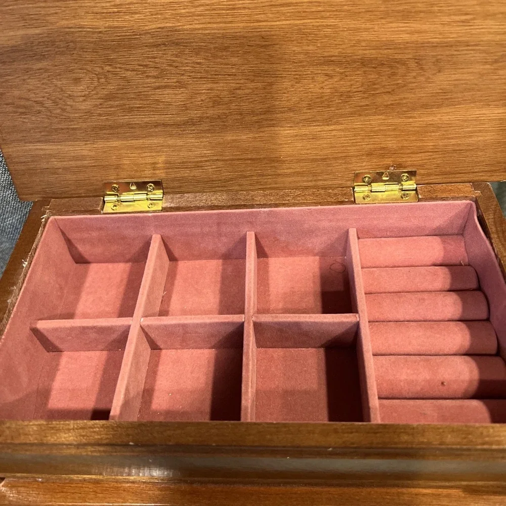 Vtg‎ 1987 Wooden Jewelry Box Cabinet 4 Drawers Etched Glass Lift Top Organizer